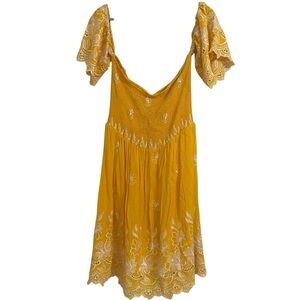 Flying Tomato Yellow Boho Floral Eyelet
Embroidered Smock Mini Sun Dress